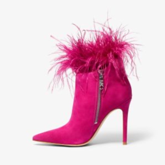 New! MICHAEL KORS Ostrich Feather Trim Suede Ankle Boot, Deep Fuchsia, Size 8.5 - Picture 5 of 8